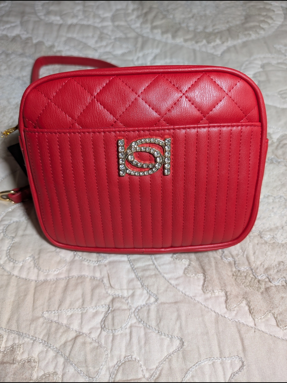 bebe Red Quilted Crossbody with Crystal Logo